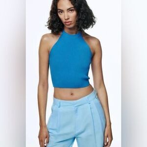 Zara Blue Halter Ribbed Crop Top Size Small